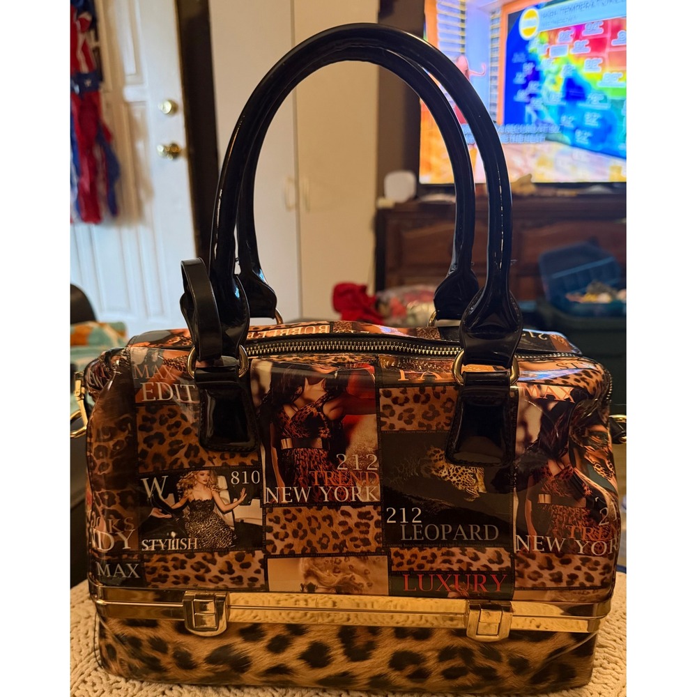 Le Miel Pasiion Leopard Magazine Print Satchel Bag Gold Frame Bottom Compartment - Picture 4 of 16
